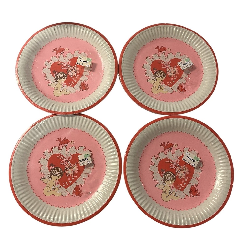 Vintage Reed Valentines Day Plates Hearts Cupid Love 7" Coated 8 ea Lot Of 4